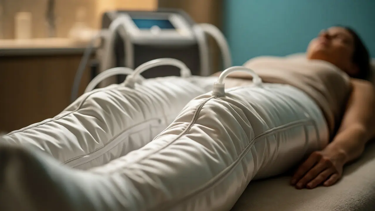 Žena v pneumatisckých manžetách při relaxačním ošetření